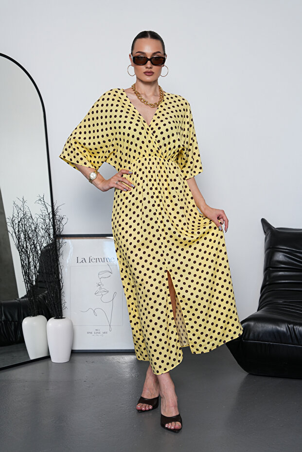 Bat Sleeve V-Neck Slit Polka Dot Patterned Midi Dress