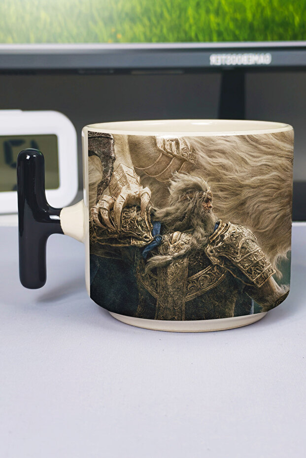 Elden Ring Printed Ceramic Luxury Mug (1 Piece) T-Shaped Special Black Handle Wave Handle V3T