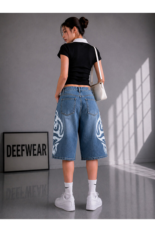 Y2K Tribal Detail Unisex Jean Shorts Bermuda
