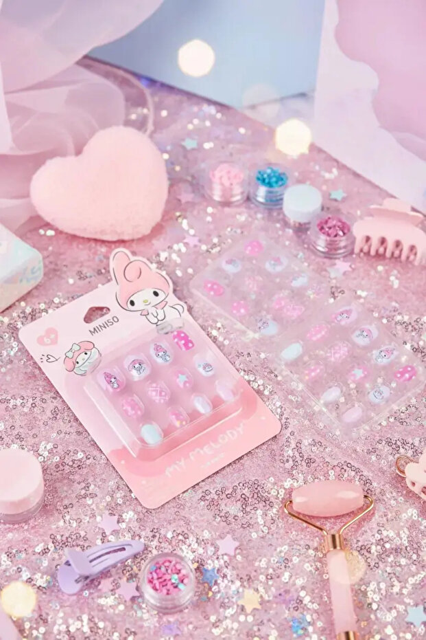 Sanrio Licensed My Melody Jelly Adhesive False Nail Set Blue – Elegant Design with Stripes