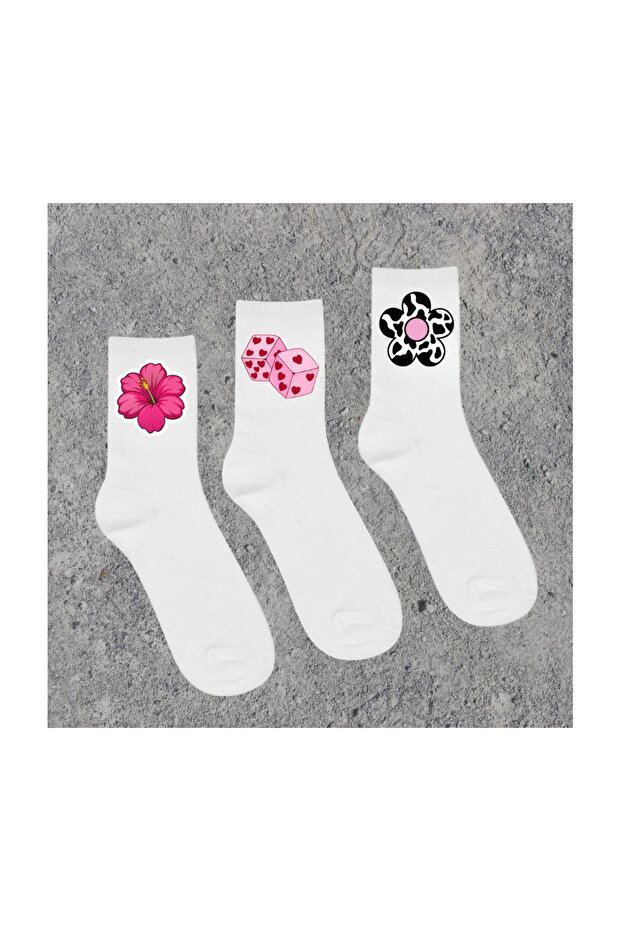 Flower - Zar - Daisy - Ribbon - Bow Smiling Face Printed White Socks
