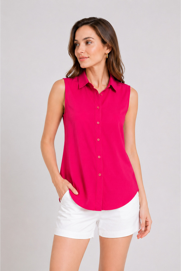 Women's Fuchsia Zero Sleeve Buttoned Shirt Blouse Summer Stylish Design