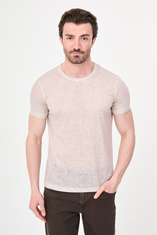 Patterned Slim Fit Crew Neck Thin Fabric Short Sleeve Men's T-Shirt Beige - 36885.26Y