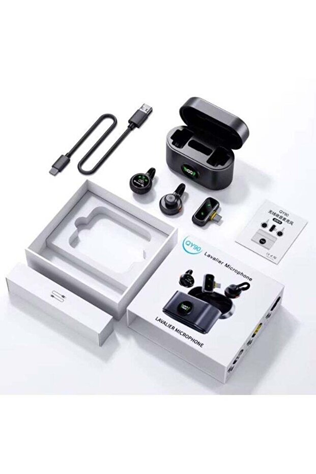 QY90 Wireless Lavalier Microphone with Type-C Receiver, Dual Mic, Noise Reduction, Rechargeable Charging Case, Black