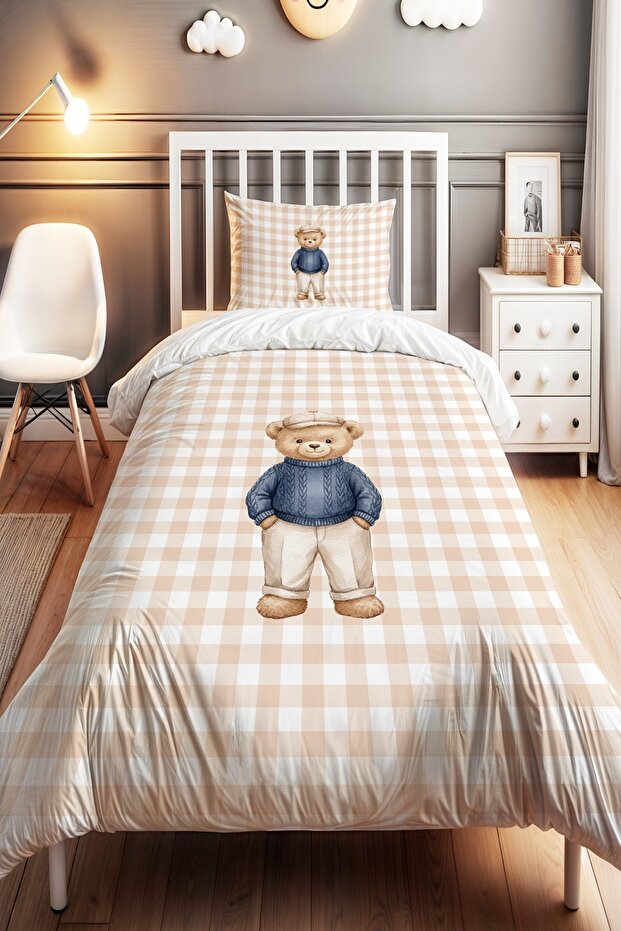 Boy's Teddy Patterned Single Baby Kids Bedding Set