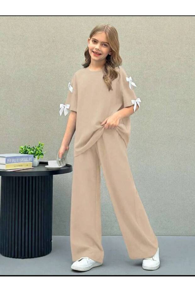 Children's Top Beige Bottom Beige Sleeve Ribbon Detailed Ribbon Printed Top-Bottom Set Cotton