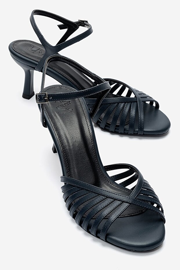 Danica Navy Blue Leather Thin Strap Women's Heeled Shoes