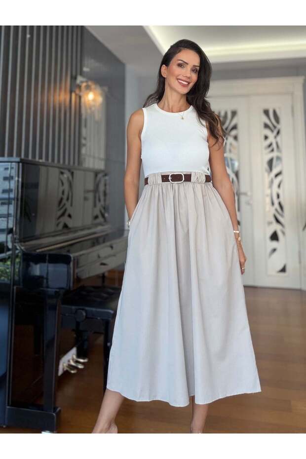 Stone Color Sleeveless Belted Pocketed Dress