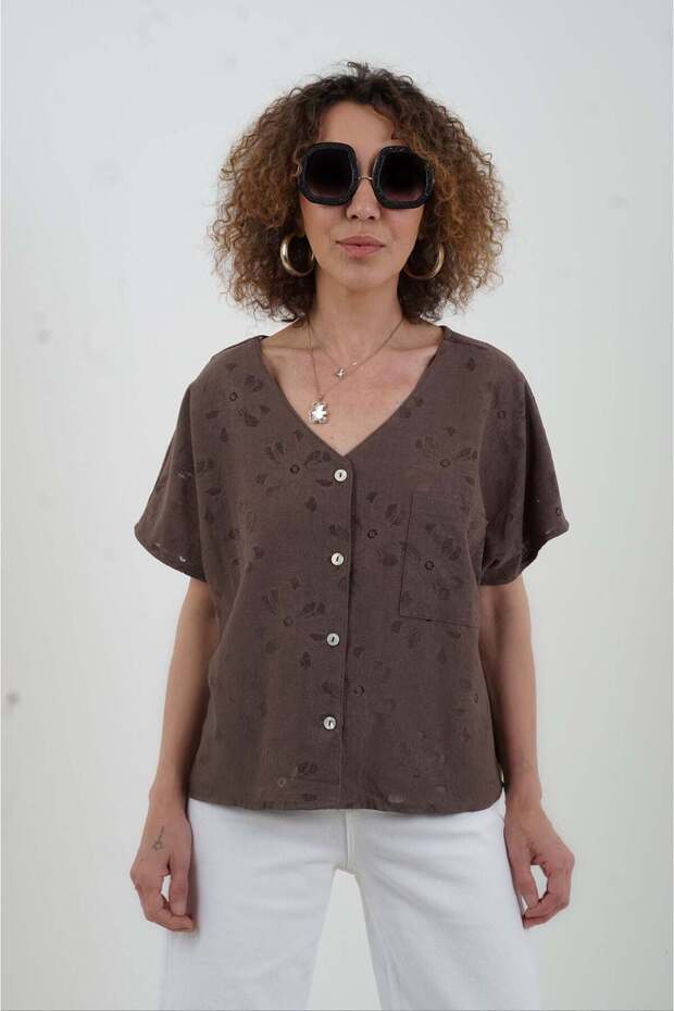Coffee Self-Patterned Buttoned Front Blouse - 4
