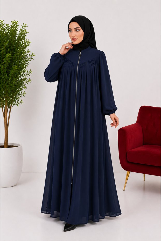 Drawstring Detailed Zippered Full Length Hijab Robe