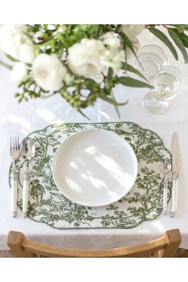 4-Piece Green Antoinette Linen American Service Plate Set | Stain Resistant | Modern Table Decor