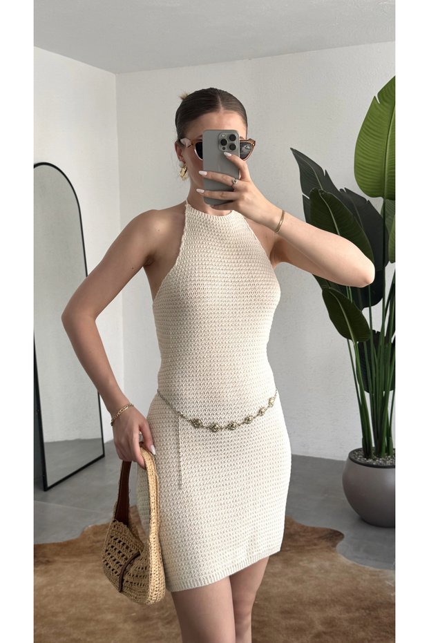 Women's Cream Backless Halter Neck Knitwear Beach Dress Pareo Dress Summer Beachwear
