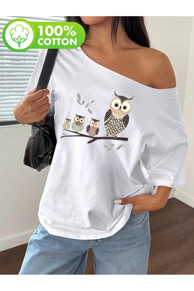 Women's Owl Family Printed Boat Neck Off Shoulder 100% Cotton T-Shirt