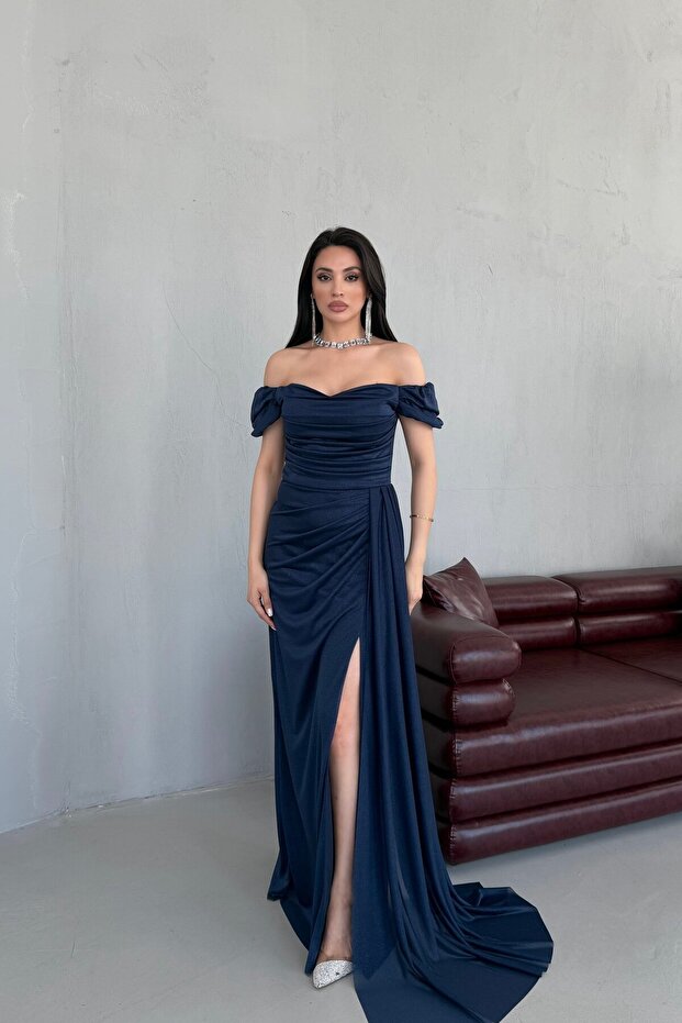 Navy Blue Off-Shoulder Draped Glittering Long Evening Dress