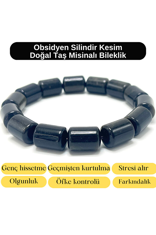 Certified Obsidian Cylinder Cut Natural Stone Bracelet