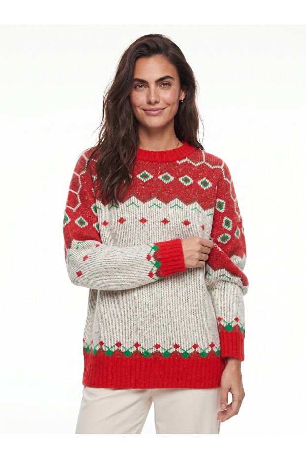 Red Ecru Wool Blend Crew Neck Oversized Patterned Long Sleeve Knitwear Sweater