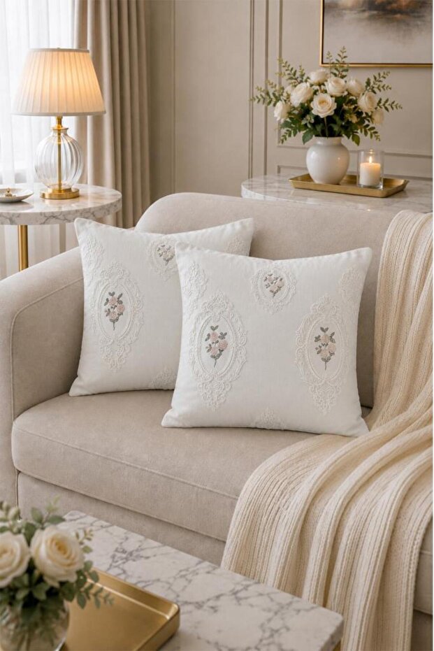 Gardenlove Embroidered Chenille 2-Piece Throw Pillow Cover Cream