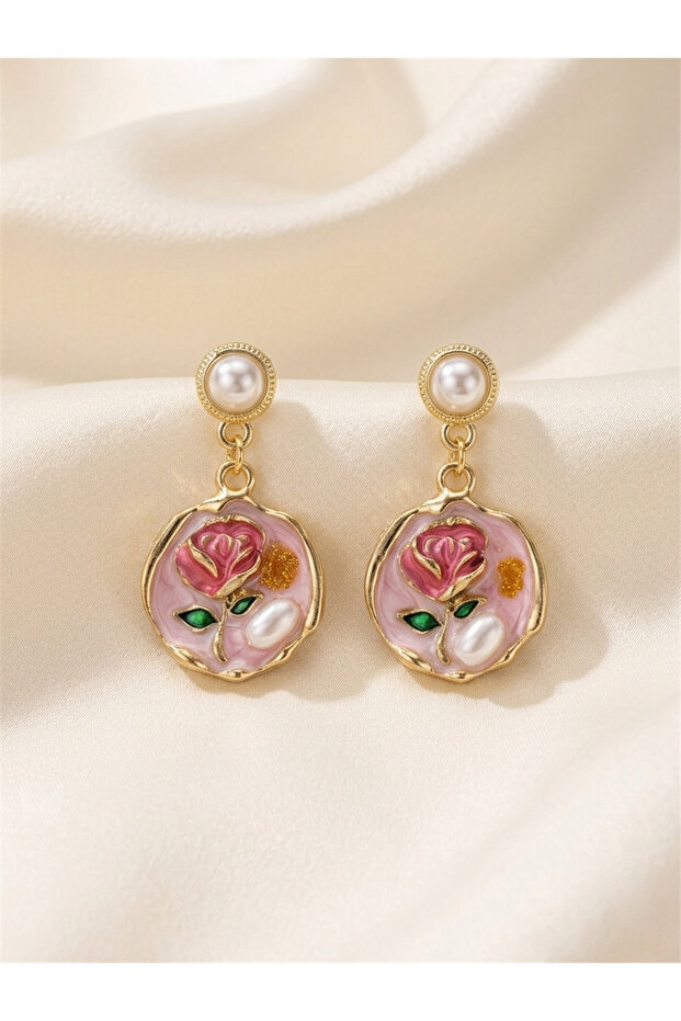 Round Earrings with Rose Figure on Pink Background and Pearl Detail