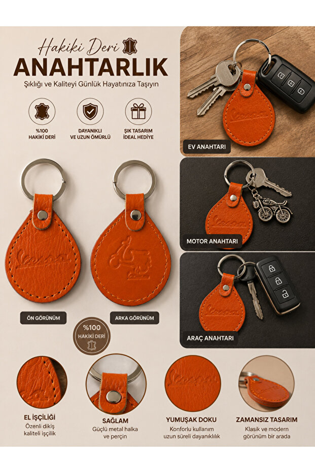 Vespa Genuine Leather Keychain Stylish Durable Handmade Orange for Car Motor Home Key