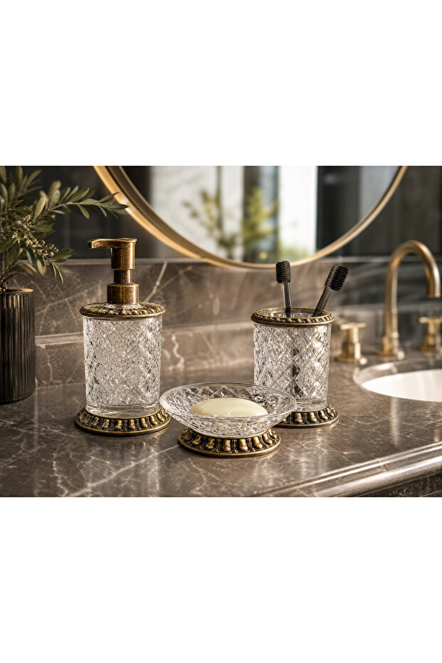 Serra Premium Glass + Metal Bathroom Accessory Set of 3 - Crystal Soap Dish, Solid Soap Dispenser and Toothbrush Holder Set