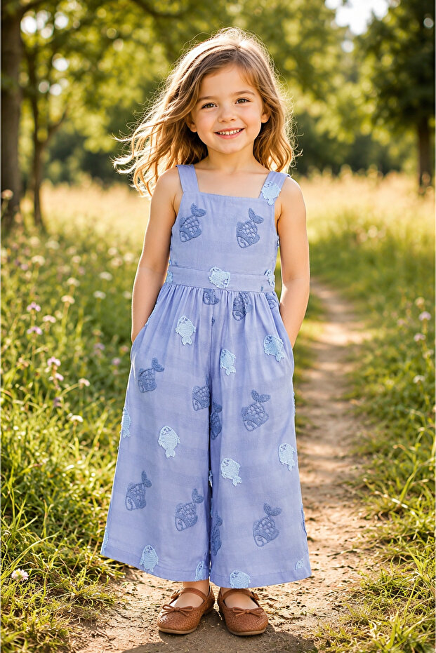 Fish Patterned Girls' Jumpsuit - Blue