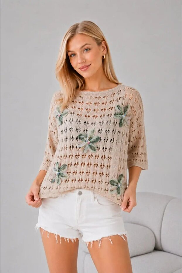Women's Boat Neck Openwork Casual Knitwear Blouse 8258