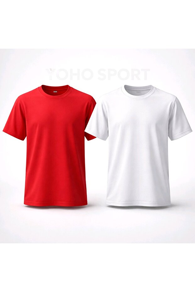 Unisex Basic Cut 100% Cotton Soft Textured White-Red Crew Neck T-Shirt 2-Pack