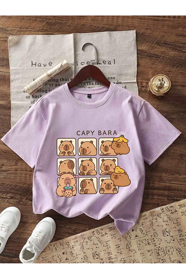Children's Capybara Printed Black Crew Neck T-Shirt