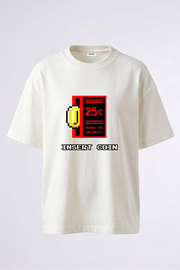 Insert Coin_1 Design Back Printed Cotton White Oversize T-Shirt