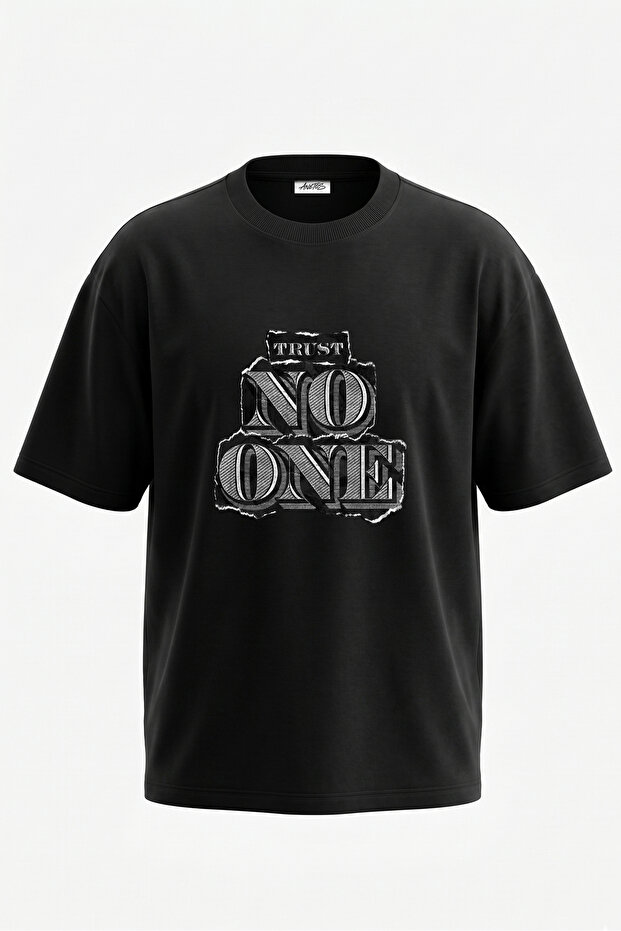 Trust No One Design Back Printed Cotton Black Oversized T-Shirt
