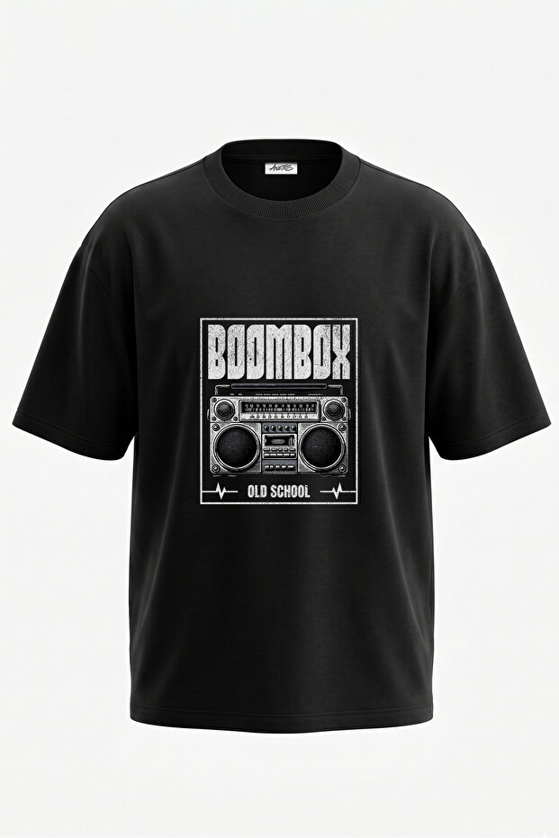 Boombox Oldschool Design Back Printed Cotton Black Oversize T-Shirt