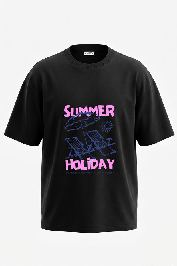 Summer Holiday Design Back Printed Cotton Black Oversize T-Shirt