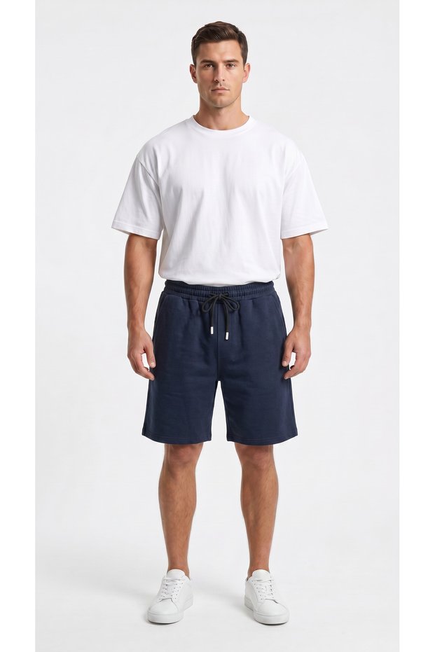 Men's Navy Blue Color Oversize Comfortable Combed Cotton Shorts with Side Pockets