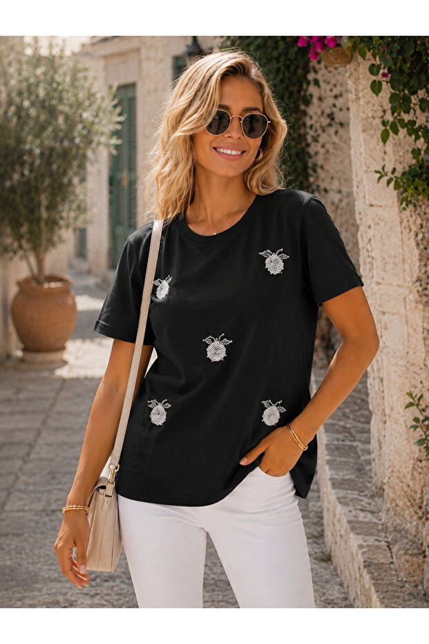 New Season Women's Summer Compact Fabric Pearl Embellished Blouse