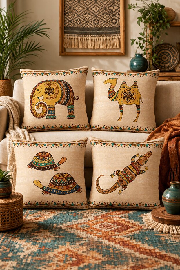 Ethnic Elephant Camel Crocodile Patterned 4-Piece Throw Pillow Cover Set