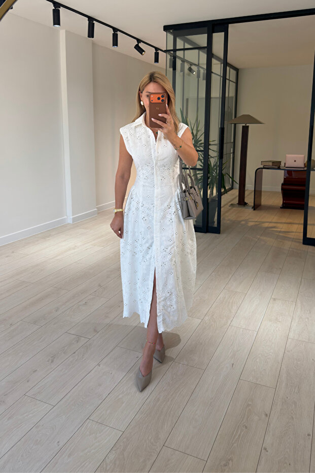 Shirt Collar White Lined Scallop Dress