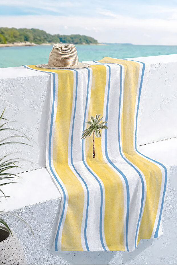 Striped Tropical Palm Beach Towel - Yellow Blue Modern Marine Quick Dry Microfiber Towel Coverlet