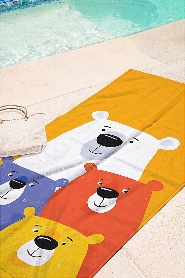 Colorful Children's Beach Towel with Teddy Bear Figure - Cute Modern Yellow Kids Quick-Dry Microfiber Towel