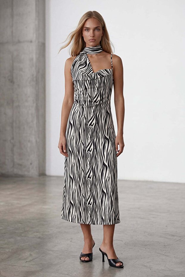 Black low neck scarf detailed patterned midi length dress alc-x15547