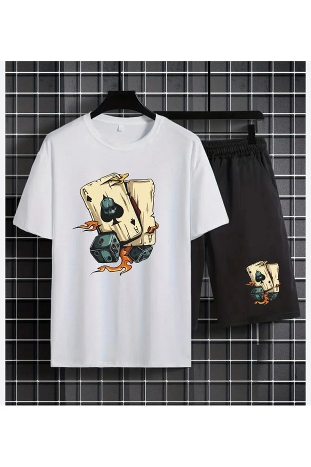 T-Shirt Shorts 2-Piece Combination Thin Summer Dice Printed Women's / Men's Unisex Model