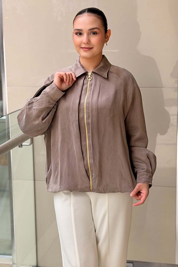 Front Pleated Detailed Zippered Advertized Sleeve Lined Bomber Jacket