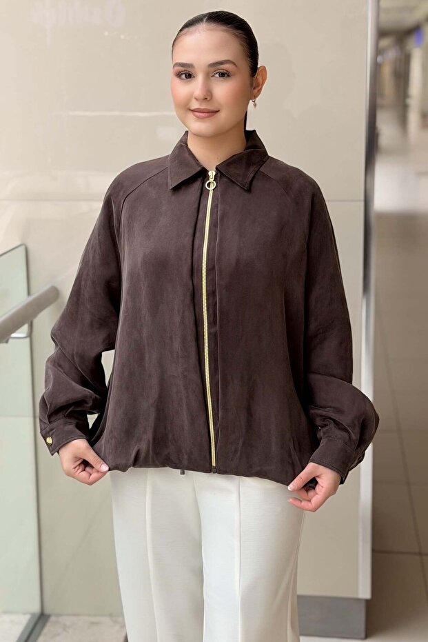 Front Pleated Detailed Zippered Advertized Sleeve Lined Bomber Jacket