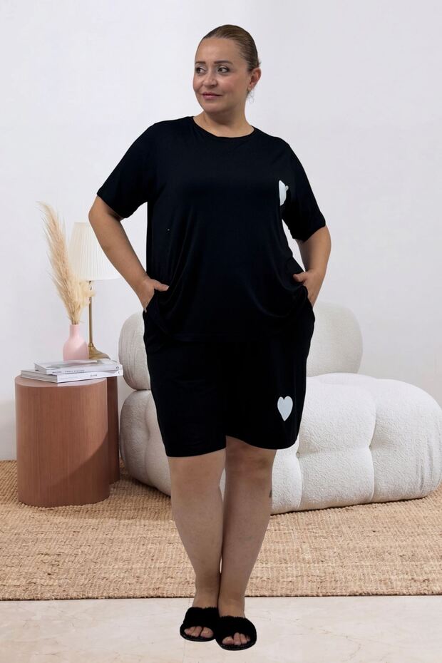 67807 Plus Size Printed Shorts-T-Shirt Pajama Set - Black