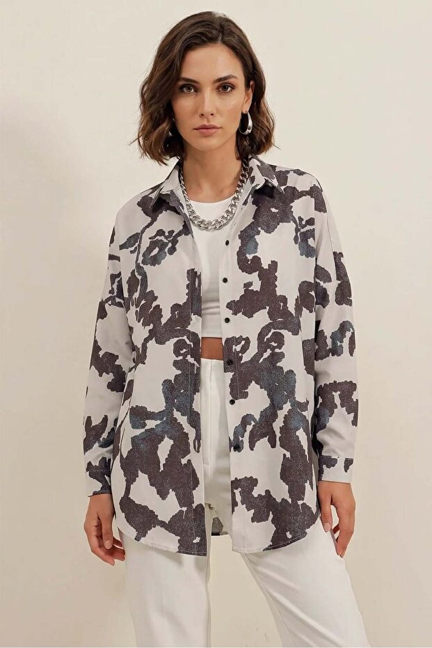 Women's Basic Oversize Patterned Cotton Black Shirt