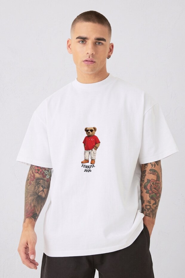 Men's Oversize T-Shirt Turkish Bear Printed White – Crew Neck, Comfortable Fit, 100% Cotton