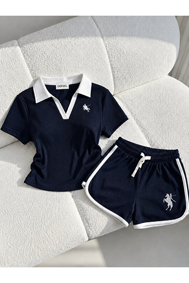 Navy Blue Polo Collar Lycra Embroidered Blouse & Shorts Set