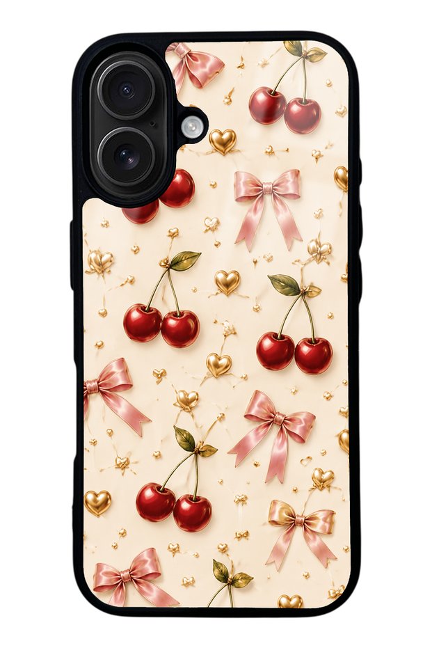 iPhone 16 Cherry Ribbon Luxe Design Glossy Phone Case