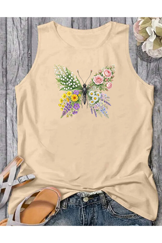 Flower Winged Butterfly Printed Regular Sleeveless Athlete Crew Neck Women's Tshirt