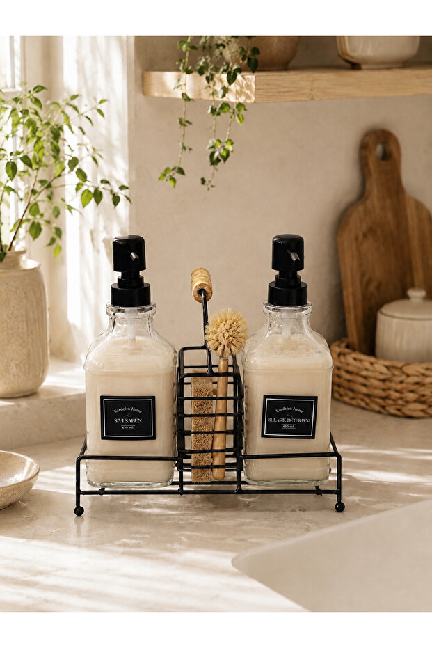 Black Glass Liquid Soap Dispenser and Dish Soap Dispenser Set of 2, 500 Ml, with Metal Stand, Wooden Handle, and Sponge Compartment.