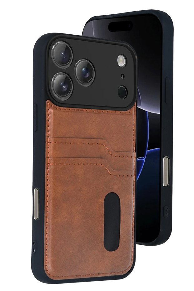 Shopilke iPhone 17 Pro Sara Leather Case with Business Card Holder (200112) - Tan